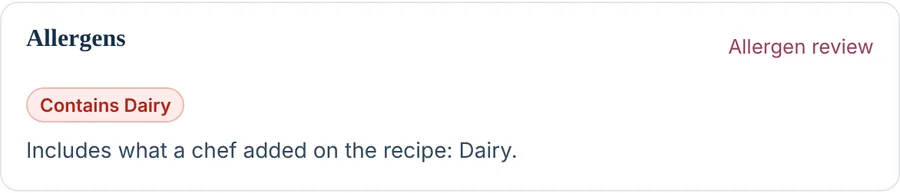 Allergens panel: Contains Dairy, with the note that a chef added it on the recipe