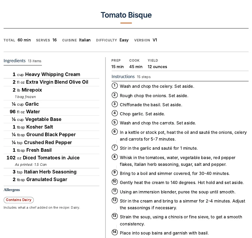 The one-page recipe print: facts under the title, ingredients on the left, numbered steps on the right, nutrition at the bottom