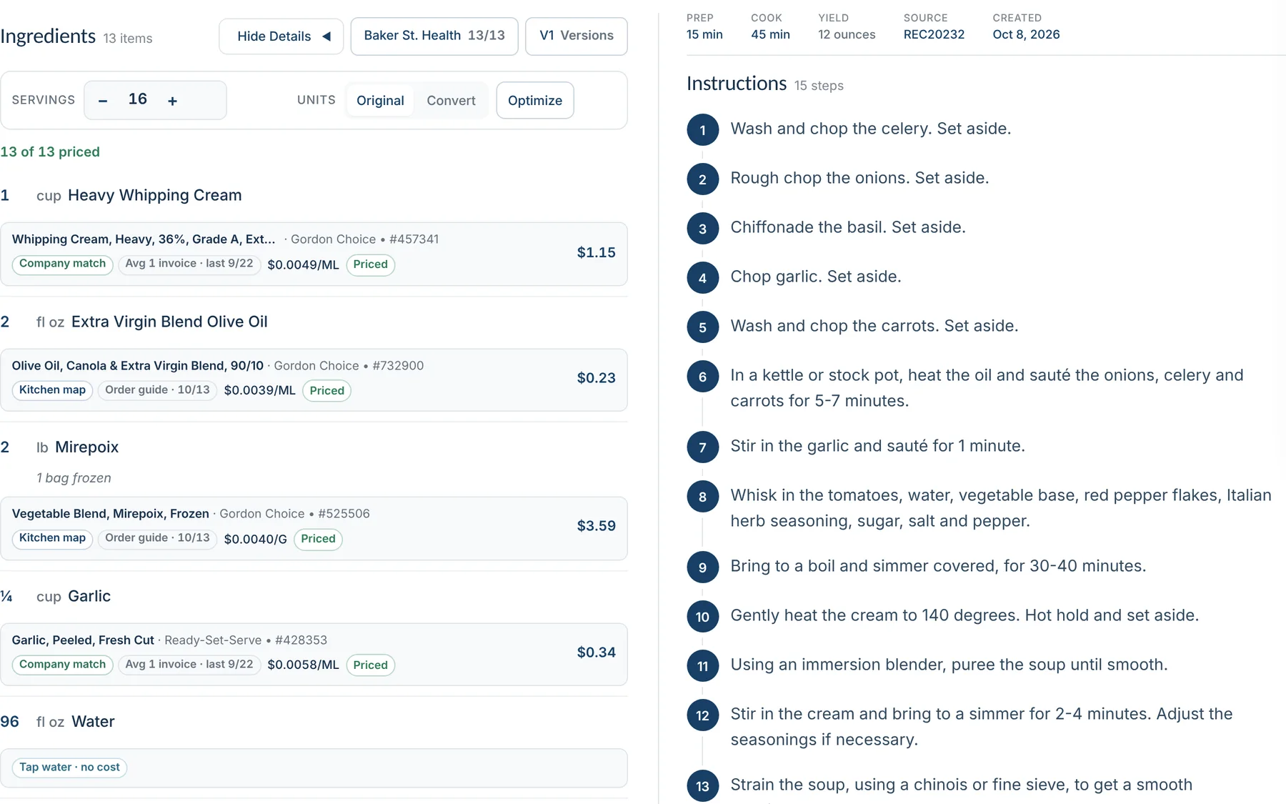 A recipe page: costed ingredient lines on the left with the product, price source and line cost; numbered instructions on the right